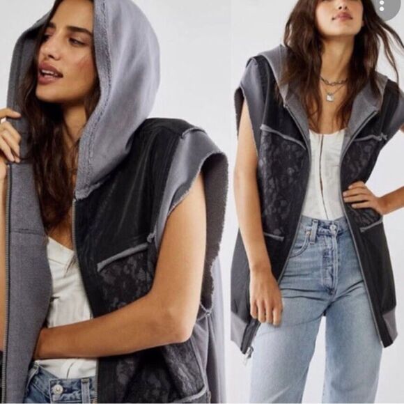 NWT We The Free People Rat Pack Black Vegan Leather Lace Zip Hoodie Vest…